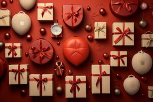 3d render of christmas ornaments and gift boxes on red background AI Generated photo