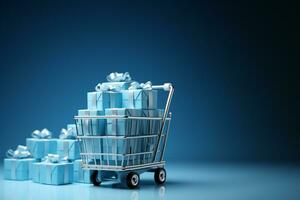 Shopping cart with gift boxes and balloons on blue background. 3d rendering AI Generated photo