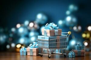 Shopping cart with gift boxes and balloons on blue background. 3d rendering AI Generated photo