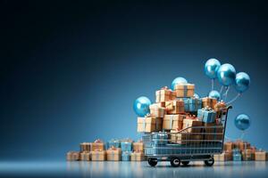 Shopping cart with gift boxes and balloons on blue background. 3d rendering AI Generated photo