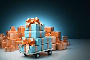 Shopping cart with gift boxes and balloons on blue background. 3d rendering AI Generated photo