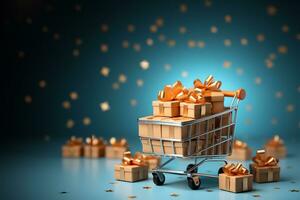 Shopping cart with gift boxes and balloons on blue background. 3d rendering AI Generated photo