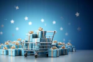 Shopping cart with gift boxes and balloons on blue background. 3d rendering AI Generated photo