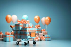 Shopping cart with gift boxes and balloons on blue background. 3d rendering AI Generated photo