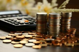 Calculator and coins on table, closeup. Financial concept AI Generated photo