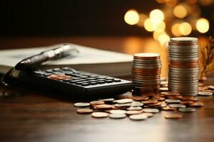 Calculator and coins on table, closeup. Financial concept AI Generated photo