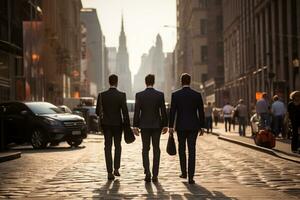 posterior ver de Tres empresarios caminando en el calle en ocupado ciudad ai generado foto