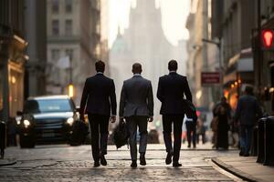 posterior ver de Tres empresarios caminando en el calle en ocupado ciudad ai generado foto