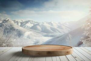 Wooden platform on the background of snowy mountains. 3d rendering AI Generated photo