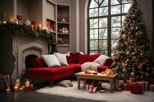 Christmas living room interior with Christmas tree, sofa, candles and decorations AI Generated photo