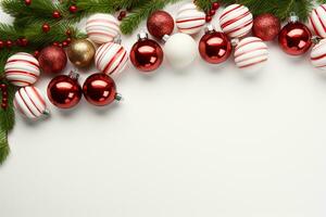 Navidad antecedentes con abeto ramas y adornos en un blanco antecedentes ai generado foto