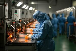 fábrica trabajadores en protector trajes trabajando en producción líneas en moderno suerte ai generado foto