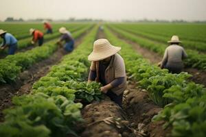 Farmer working on a vegetable field in the morning. Concept of agriculture. AI Generated photo