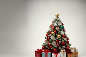 Navidad árbol con regalos en frente de gris antecedentes. 3d representación ai generado foto