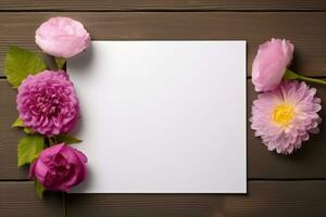 Flowers and blank card on wooden background. Top view with copy space AI Generated photo