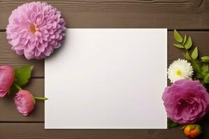 Flowers and blank card on wooden background. Top view with copy space AI Generated photo