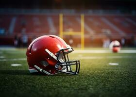 American football helmet on the field with blurred stadium background AI Generated photo