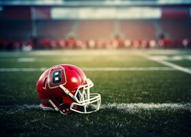 American football helmet on the field with blurred stadium background AI Generated photo