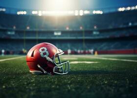 American football helmet on the field with blurred stadium background AI Generated photo