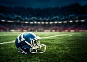 American football helmet on the field with blurred stadium background AI Generated photo