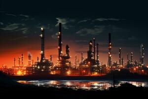 un ver de petróleo refinería durante noche, industrial concepto ai generado foto