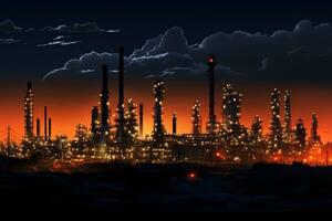 a view of oil refinery during night, industrial concept AI Generated photo