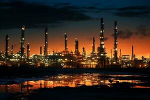 un ver de petróleo refinería durante noche, industrial concepto ai generado foto