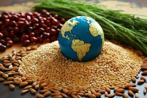 A globe on top of a grains, food security concept AI Generated photo