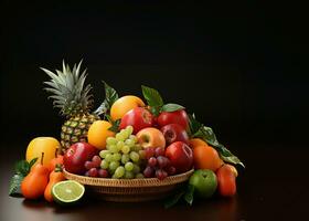 Fruits in a basket on a black background. Healthy food. AI Generated photo