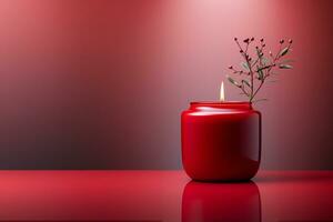 Candle on red container with minimalist background photo