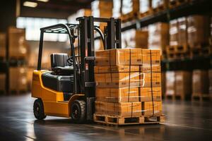 forklift lifting goods and cartons with blurred warehouse background logistic concepts photo