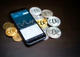 a phone with market chart along with crypto coins, financial concept photo