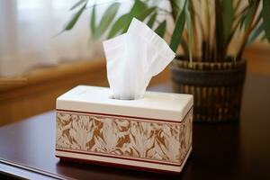 a box of tissue on a wooden table, health concept photo