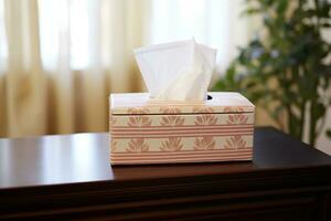 a box of tissue on a wooden table, health concept photo