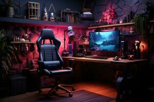 gaming room setup with colourful neon light, neat, minimalist vibes photo