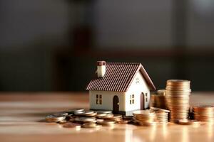 3d renders house with stack of coins on a blurred background, financial concept photo