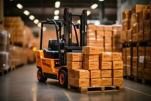 forklift lifting goods and cartons with blurred warehouse background logistic concepts photo