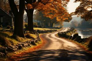 pequeño pueblo la carretera durante otoño estación, natural ligero. ai generado foto