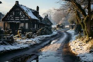 Winter season on a small village, calm and serene, AI Generated photo