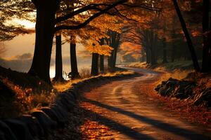 pequeño pueblo la carretera durante otoño estación, natural ligero. ai generado foto