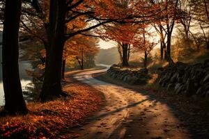 pequeño pueblo la carretera durante otoño estación, natural ligero. ai generado foto