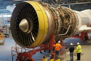 un ingeniero trabajando en turbina motor para comercial aerolíneas ai generado foto