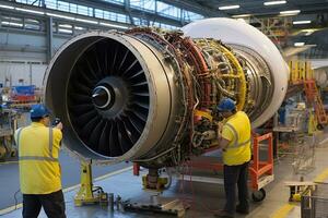 un ingeniero trabajando en turbina motor para comercial aerolíneas ai generado foto