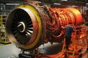 un ingeniero trabajando en turbina motor para comercial aerolíneas ai generado foto