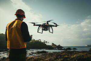 A drone operator flying a drone at the beach AI generated photo