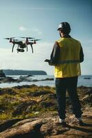 A drone operator flying a drone at the beach AI generated photo