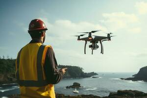 A drone operator flying a drone at the beach AI generated photo