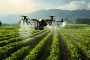 Commercial drone spraying pesticide on plantation field AI generated photo