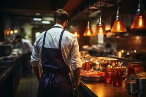 Head of Chef from behind checking food preparation AI generated photo