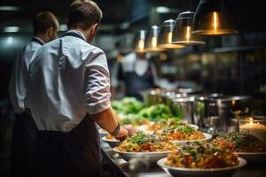 Head of Chef from behind checking food preparation AI generated photo